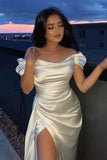 Classy Sheath Off The Shoulder White Slit Formal Long Prom Gown Summer Wedding Guest Dress Bridal Guest Dresses Wedding Outfits For Guest HZ1121
