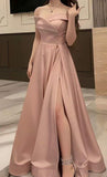 Classy A line Off The Shoulder Blush Pink Slit Formal Long Prom Gown Summer Wedding Guest Dress Bridal Guest Dresses Wedding Outfits For Guest HZ1121