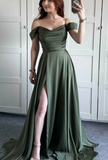 Classy A line Off The Shoulder Olive Green Slit Formal Long Prom Gown Summer Wedding Guest Dress Bridal Guest Dresses Wedding Outfits For Guest HZ1121