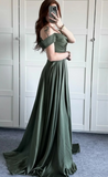 Classy A line Off The Shoulder Olive Green Slit Formal Long Prom Gown Summer Wedding Guest Dress Bridal Guest Dresses Wedding Outfits For Guest HZ1121
