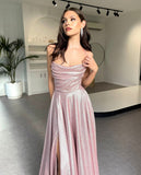 Classy A line Spaghetti Straps Pink Sequin Slit Formal Long Prom Gown Summer Wedding Guest Dress Bridal Guest Dresses Wedding Outfits For Guest HZ1121