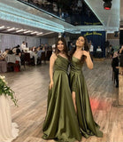 Classy A Line Strapless Sleeveless Green Slit Formal Long Prom Gown Summer Wedding Guest Dress Bridal Guest Dresses Wedding Outfits For Guest HZ1121
