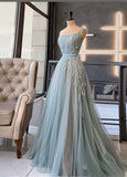 Classy A Line Square Neck Sleeveless Light Sky Blue Tulle Formal Long Prom Gown Summer Wedding Guest Dress Bridal Guest Dresses Wedding Outfits For Guest HZ1121
