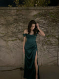 Classy Mermaid Off The Shoulder Green Slit Formal Long Prom Gown Summer Wedding Guest Dress Bridal Guest Dresses Wedding Outfits For Guest HZ1121