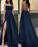 Classy A Line Spaghetti Straps Navy Blue Slit Formal Prom Gown Summer Wedding Guest Dress Bridal Guest Dresses Wedding Outfits For Guest HZ1121
