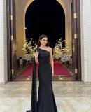 Classy Mermaid One Shoulder Black Satin Formal Prom Gown Summer Wedding Guest Dress Bridal Guest Dresses Wedding Outfits For Guest HZ1121