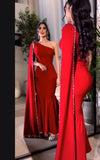 Classy Mermaid One Shoulder Red Satin Formal Prom Gown Summer Wedding Guest Dress Bridal Guest Dresses Wedding Outfits For Guest HZ1121