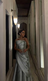 Classy Mermaid Strapless Silver Satin Formal Long Prom Gown Summer Wedding Guest Dress Bridal Guest Dresses Wedding Outfits For Guest HZ1121