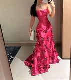 Classy Mermaid Strapless Pink Flowers Satin Formal Long Prom Gown Summer Wedding Guest Dress Bridal Guest Dresses Wedding Outfits For Guest HZ1121