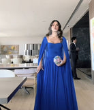 Classy A Line Sweetheart Royal Blue Long Sleeves Chiffon Formal Long Prom Gown Summer Wedding Guest Dress Bridal Guest Dresses Wedding Outfits For Guest HZ1121