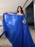 Classy A Line Sweetheart Royal Blue Long Sleeves Chiffon Formal Long Prom Gown Summer Wedding Guest Dress Bridal Guest Dresses Wedding Outfits For Guest HZ1121