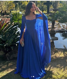 Classy A Line Sweetheart Royal Blue Long Sleeves Chiffon Formal Long Prom Gown Summer Wedding Guest Dress Bridal Guest Dresses Wedding Outfits For Guest HZ1121
