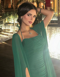 Classy A Line Strapless Green Long Sleeves Chiffon Formal Long Prom Gown Summer Wedding Guest Dress Bridal Guest Dresses Wedding Outfits For Guest HZ1121