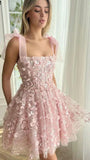 Cute A line Straps Short Lace Pink Formal 8th Grade Homecoming Dress Summer Middle School Hoco Dresses Birthday Outfits HZ1121