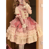 Sweet Ball Gown Square Neck Short Sleeves Gothic Pink Lace 16th Birthday Dress Lolita Dress Birthday Outfits HZ1121