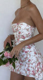 Pretty A line Strapless Pink Floral Satin Formal 8th Grade Short Mini Homecoming Dress Summer Middle School Hoco Dresses Birthday Outfits HZ1121