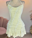 Vintage A line Spaghetti Straps Yellow Lace Short Mini Formal 8th Grade Homecoming Dress Summer Middle School Hoco Dresses Birthday Outfits HZ1121