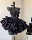 Vintage Ball Gown Strapless Little Black Dress Satin Formal 8th Grade Homecoming Dresses Summer Middle School Hoco Dress Birthday Outfits HZ1121