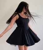 Pretty A line Square Neck Tulle Satin Dress Formal 8th Grade Short Mini Black Homecoming Dress Summer Middle School Hoco Dresses Birthday Outfits HZ1121