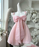 Vintage A line Spaghetti Straps Pink Satin Bow-knot Short Mini Formal 8th Grade Homecoming Dresses Summer Middle School Hoco Dress Birthday Outfits HZ1121