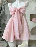 Vintage A line Spaghetti Straps Pink Satin Bow-knot Short Mini Formal 8th Grade Homecoming Dresses Summer Middle School Hoco Dress Birthday Outfits HZ1121