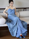 Modest A line Sweetheart Blue Long Prom Gown Summer Wedding Guest Dress Bridal Guest Dresses Wedding Outfits For Guest HZ1121