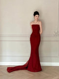 Modest Mermaid Burgundy Strapless Long Prom Gown Summer Wedding Guest Dress Bridal Guest Dresses Wedding Outfits For Guest HZ1121