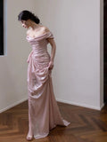 Elegant Mermaid Off The Shoulder Pink Satin Short Sleeves Long Evening Party Gowns Evening Formal Dresses Prom Dress HZ1121
