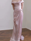 Elegant Mermaid Off The Shoulder Pink Satin Short Sleeves Long Evening Party Gowns Evening Formal Dresses Prom Dress HZ1121