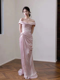 Elegant Mermaid Off The Shoulder Pink Satin Short Sleeves Long Evening Party Gowns Evening Formal Dresses Prom Dress HZ1121