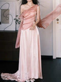 Sexy A line One Shoulder Pink Satin Sleeveless Prom Dresses Party Dress Summer Birthday Outfits Birthday Dresses HZ1121