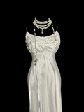 Vintage Mermaid Spaghetti Straps White Satin Long Prom Dresses Party Dress Birthday Outfits Graduation Dresses HZ1121