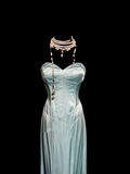 Vintage Mermaid Sweetheart Light Sky Blue Satin Long Prom Dresses Party Dress 20th Birthday Outfits Graduation Dresses HZ1121