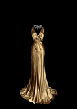Vintage Mermaid V Neck Gold 1950s Retro Classy Satin Long Prom Dresses Party Dress 21st Birthday Outfits Graduation Dresses HZ1121