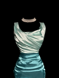 Vintage Sheath Square Neck Sleeveless Blue Satin Petite Mother Of Bride Dress Party Gown Knee Length For Summer Women Wedding HZ1121