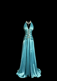 Vintage A line Halter Blue 1950s Retro Classy Satin Long Prom Dresses Party Dress 21st Birthday Outfits Graduation Dresses HZ1121