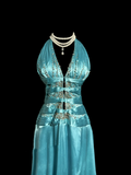 Vintage A line Halter Blue 1950s Retro Classy Satin Long Prom Dresses Party Dress 21st Birthday Outfits Graduation Dresses HZ1121