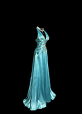 Vintage A line Halter Blue 1950s Retro Classy Satin Long Prom Dresses Party Dress 21st Birthday Outfits Graduation Dresses HZ1121
