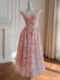 Elegant A line Square Pink Lace Sleeveless Chiffon Long Evening Party Gowns Evening Formal Dresses Prom Dress HZ1121