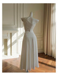 Elegant A line One Shoulder Sleeveless White Long Evening Party Gowns Evening Formal Dresses Prom Dress HZ1121