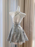 Pretty A line Halter Silver Sequin Summer 16th Birthday Dresses For Teens Hoco Dress Mini 18th Birthday Outfit Cocktail Dresses For Women HZ1121