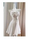 Trendy A line Spaghetti Straps White Satin Formal Short 8th Grade Homecoming Dress Summer Middle School Hoco Dresses Birthday Outfits HZ1121