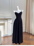 Elegant A line Spaghetti Straps Black Chiffon Sleeveless Long Evening Party Gowns Evening Formal Dresses Prom Dress HZ1121