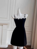 Trendy A Line Square Neck Floral Black Satin Formal Short 8th Grade Homecoming Dress Summer Middle School Hoco Dresses Birthday Outfits HZ1121