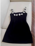 Trendy A Line Square Neck Floral Black Satin Formal Short 8th Grade Homecoming Dress Summer Middle School Hoco Dresses Birthday Outfits HZ1121
