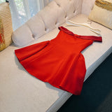 Trendy A line Off The Shoulder Satin Red Formal Short 8th Grade Homecoming Dress Summer Middle School Hoco Dresses Birthday Outfits HZ1121