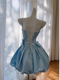 Trendy Ball Gown Spaghetti Straps Blue Satin Sleeveless Formal Short 8th Grade Homecoming Dress Summer Middle School Hoco Dresses Cocktail Dress Birthday Outfits HZ1121