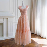 Elegant A line Straps Blush Pink Lace Sleeveless Long Evening Party Gowns Evening Formal Dresses Prom Dress HZ1121