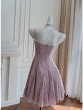 Trendy A line Spaghetti Straps Lilac Lace Sleeveless Formal Short 8th Grade Homecoming Dress Summer Middle School Hoco Dresses Cocktail Dress Birthday Outfits HZ1121