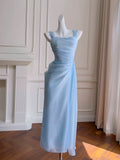 Elegant A line Straps Light Sky Blue Chiffon Sleeveless Long Evening Party Gowns Evening Formal Dresses Prom Dress HZ1121
